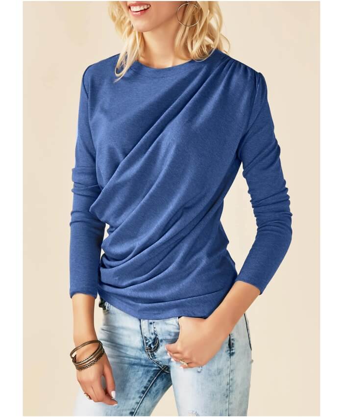 Long Sleeve Draped Round Neck Blue T Shirt